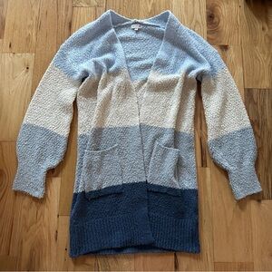SO Blue and Cream Colorblock Fuzzy Knit Cardigan Duster Sweater